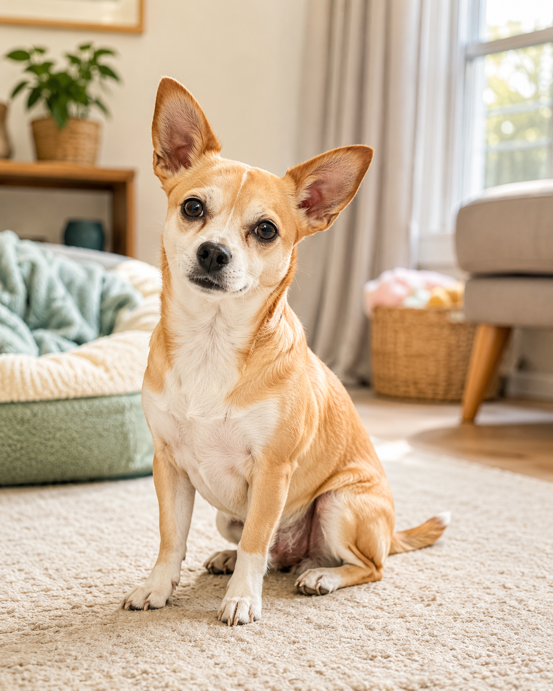 Small dog sitting inside a cozy home