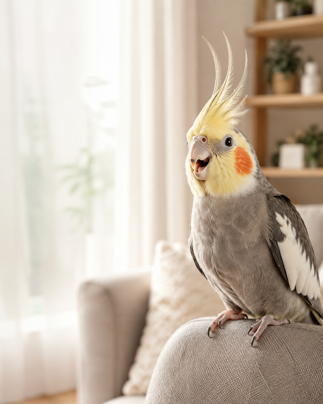 Happy pet cockatiel at home