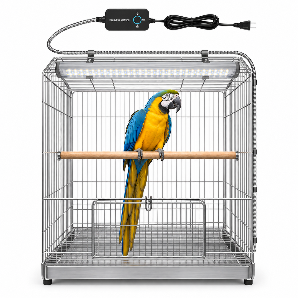 HappyBird full-spectrum LED light with timer installed above a parrot cage