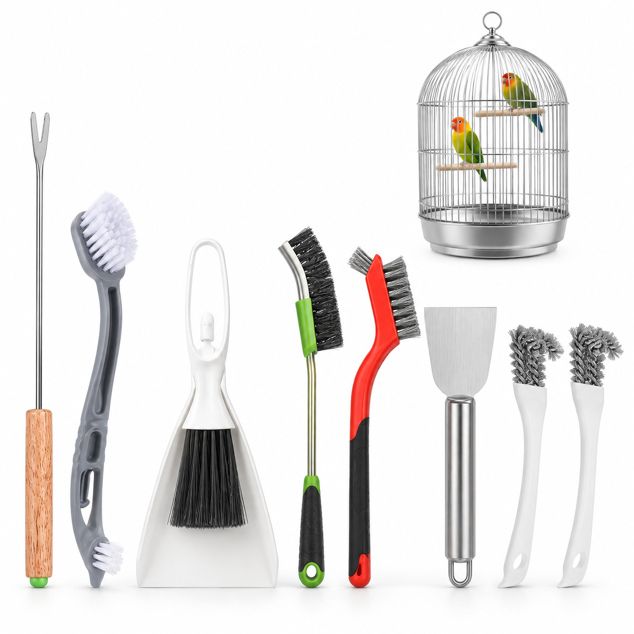Eight-piece bird cage cleaning brush and scraper tool set