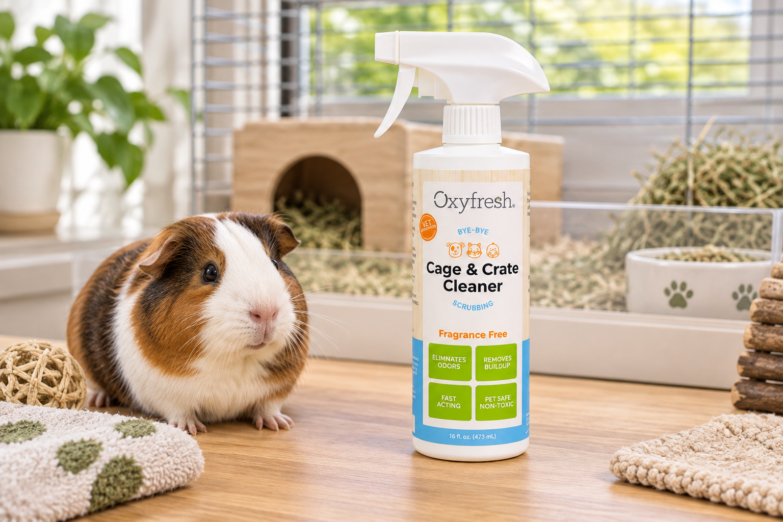 Oxyfresh Cage and Crate Cleaner beside a guinea pig enclosure