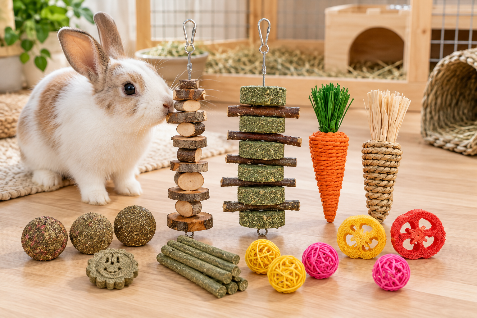 Rabbit beside an assortment of natural apple wood and Timothy grass chew toys