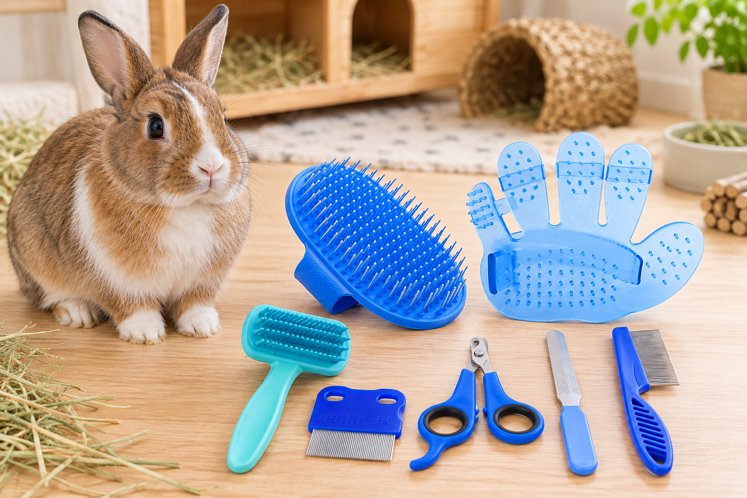Rabbit beside a blue grooming kit with brushes, combs and nail clippers