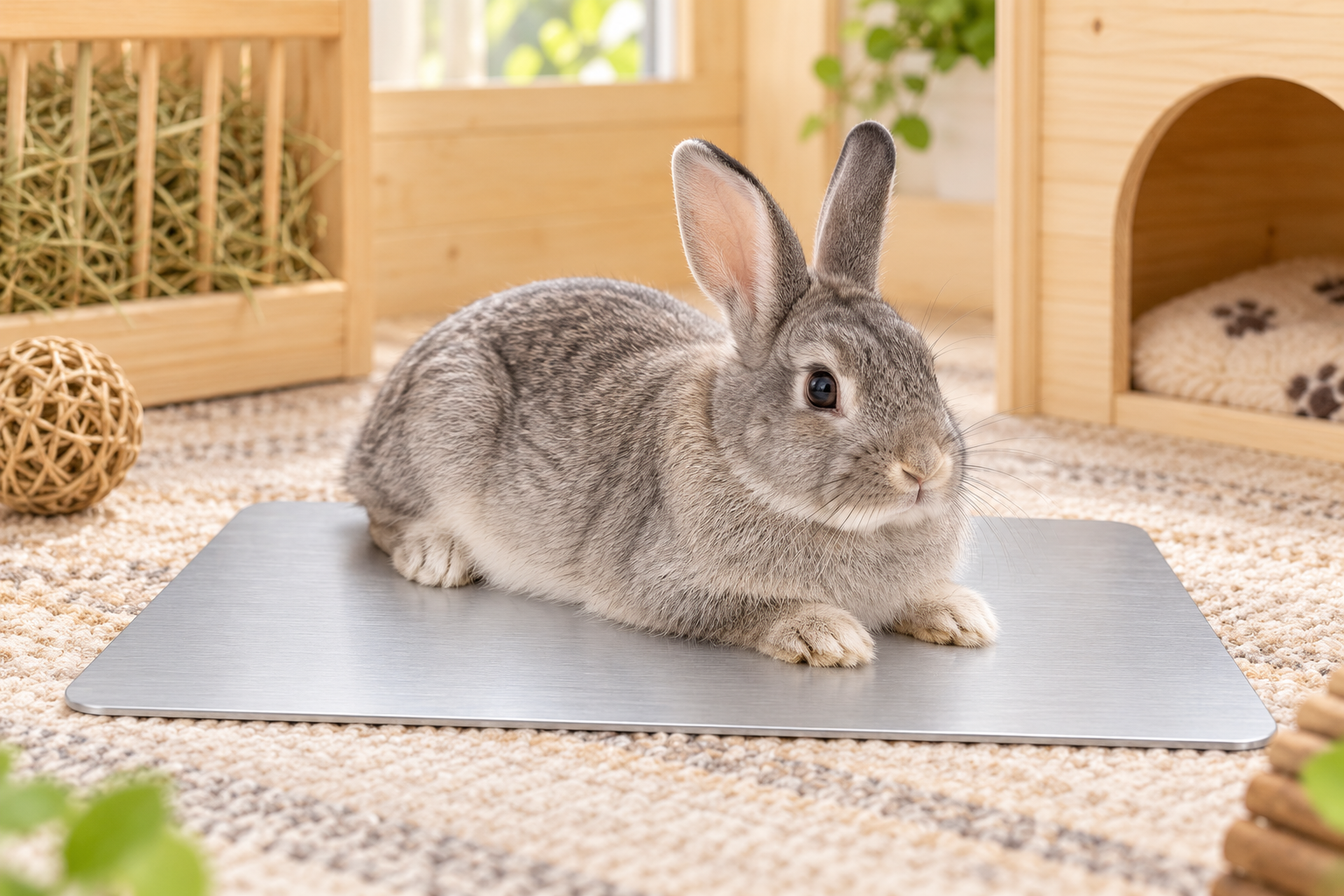 Gray rabbit resting on a rectangular aluminum cooling pad