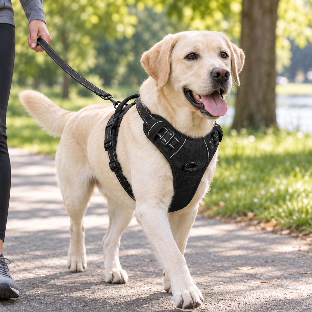 Dog wearing a black no-pull harness