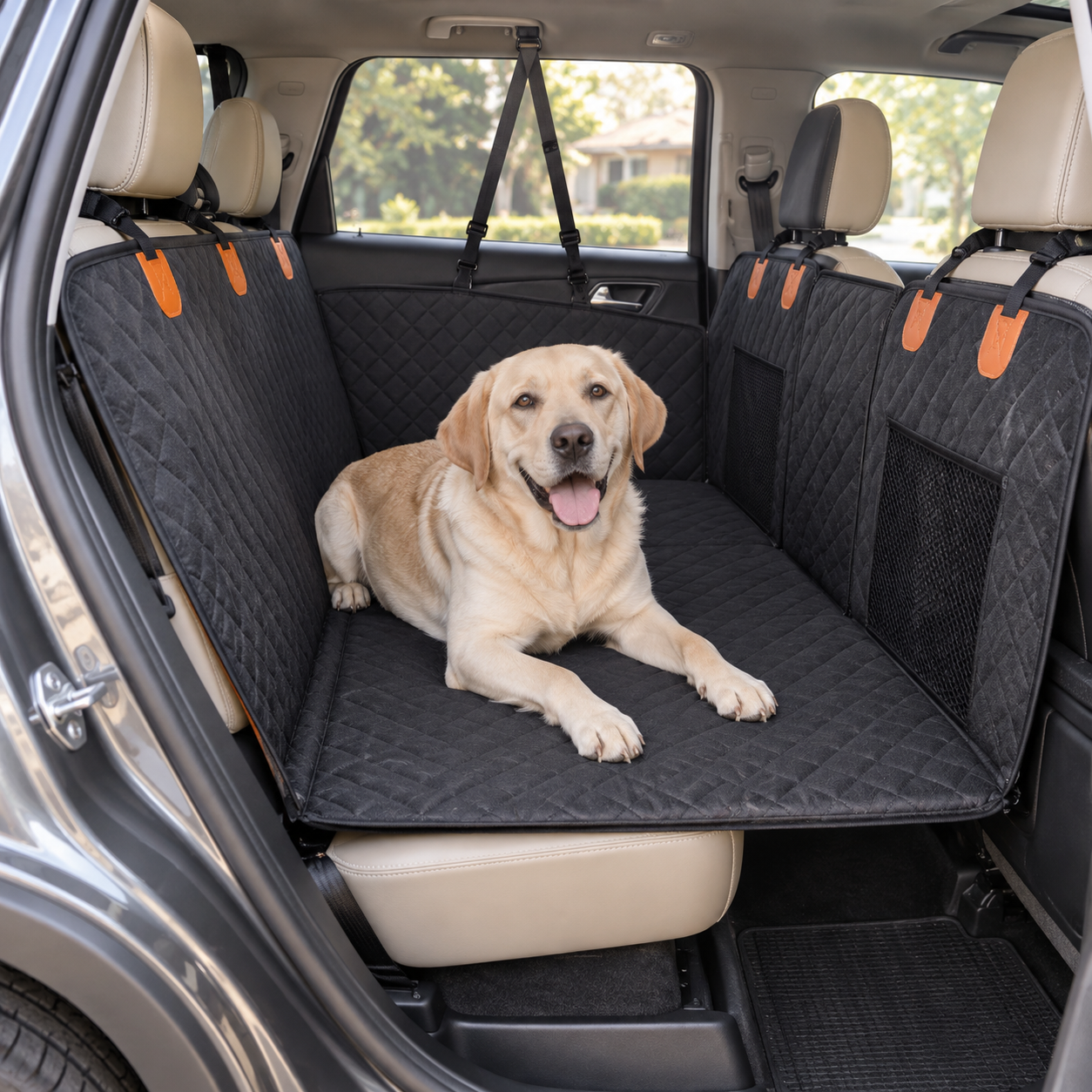 Dog using a hard-bottom car seat cover