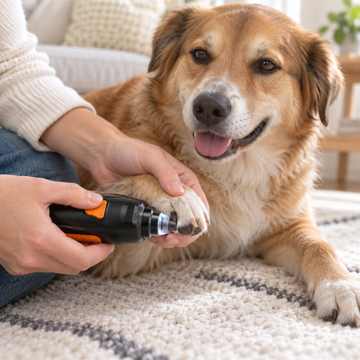 Electric dog nail grinder being used carefully