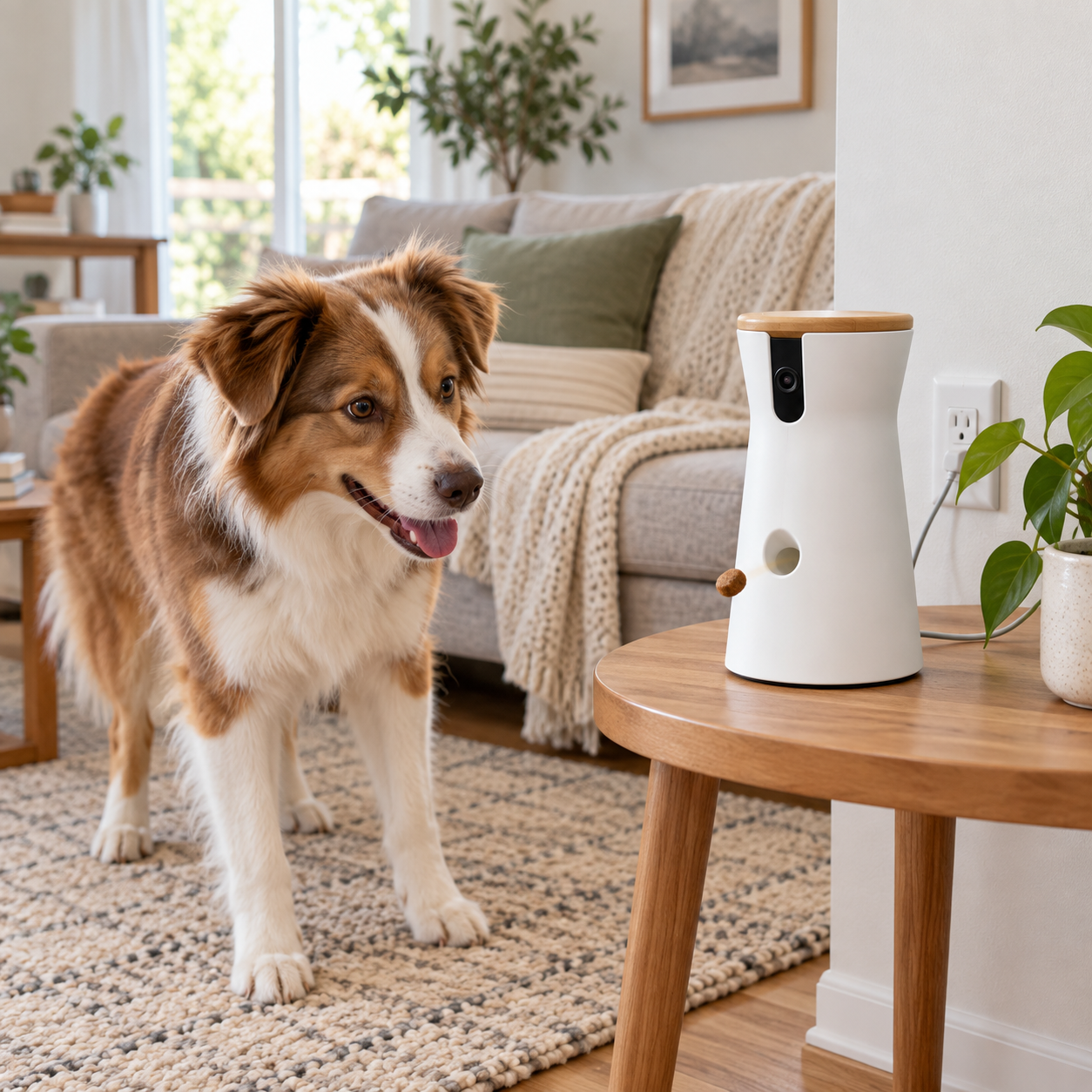 Dog interacting with a smart pet camera