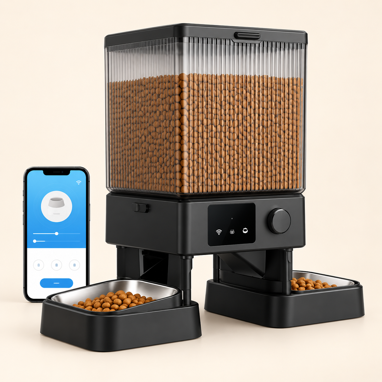 WiFi automatic cat feeder with two stainless steel bowls