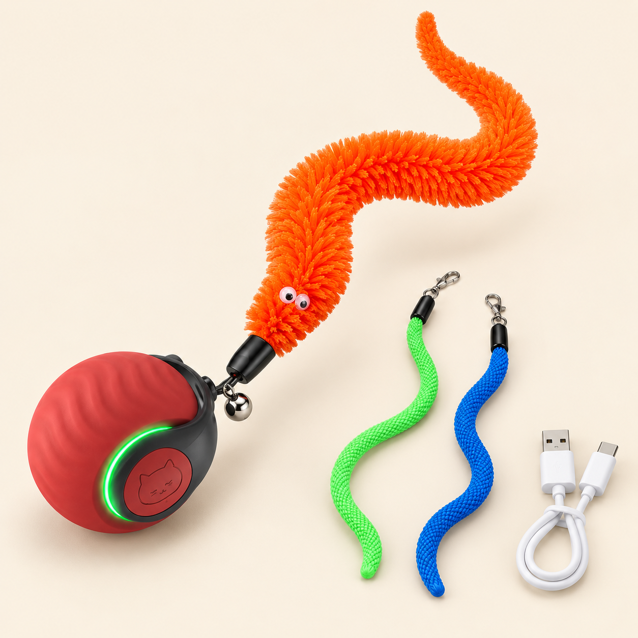 Rechargeable automatic rolling cat toy with interchangeable tails