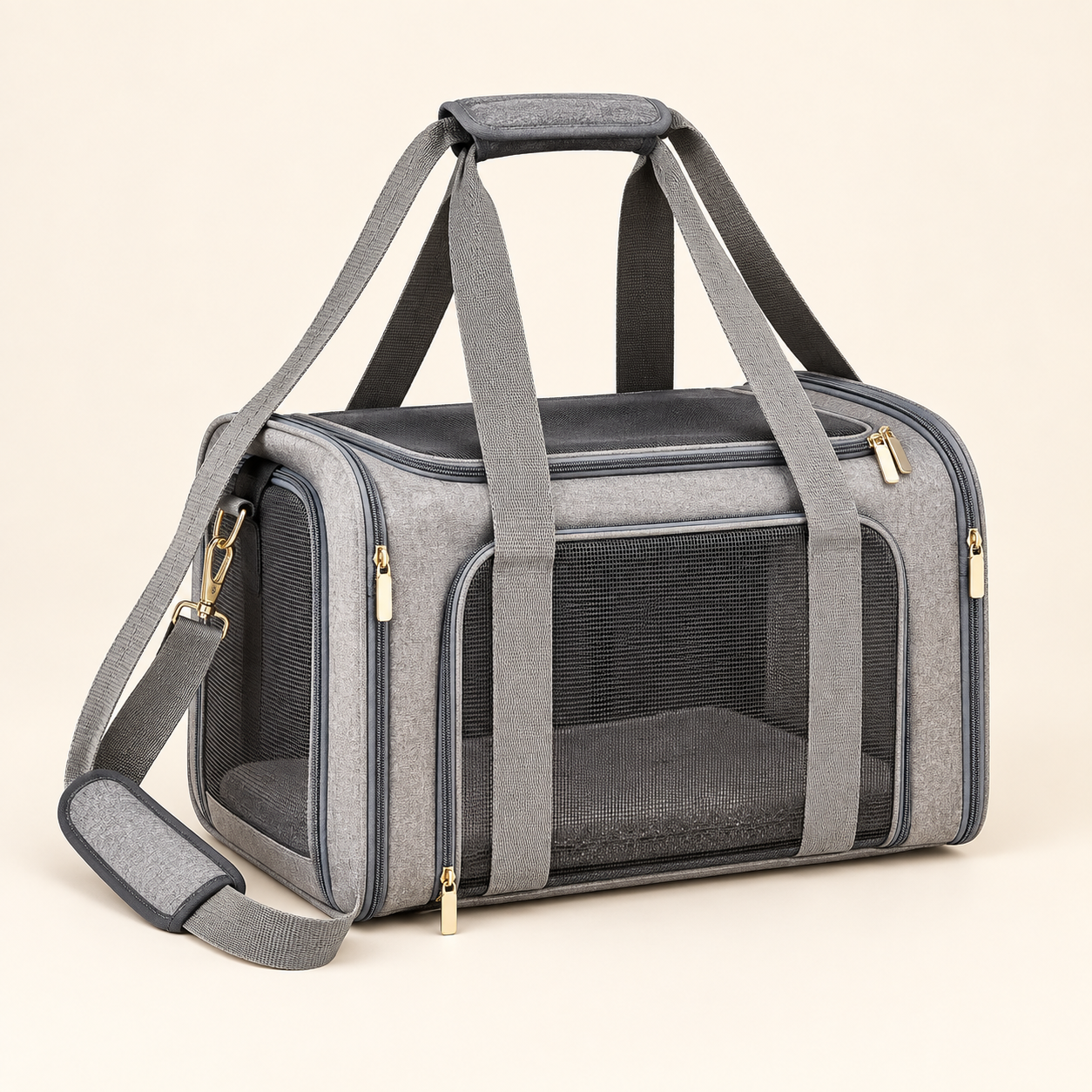 Gray soft-sided ventilated cat travel carrier