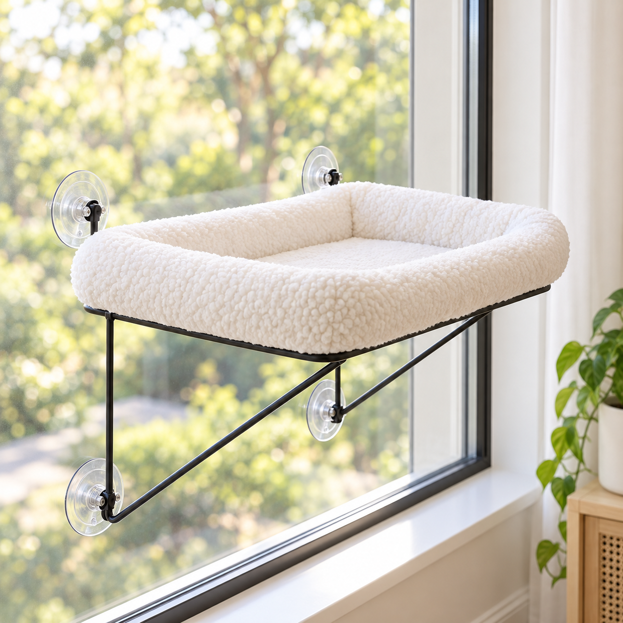 White cushioned cat window perch with metal supports