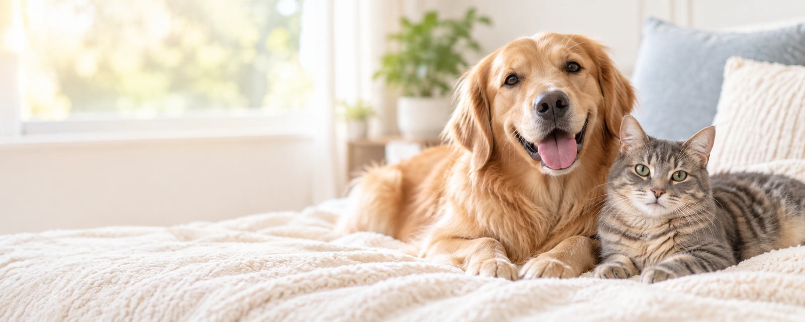 Happy golden retriever and gray cat relaxing together