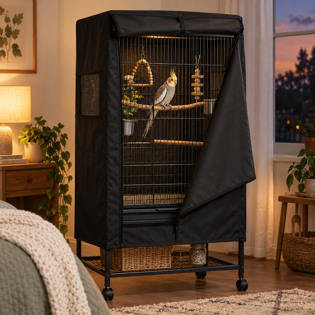 Black bird cage cover partially opened for ventilation