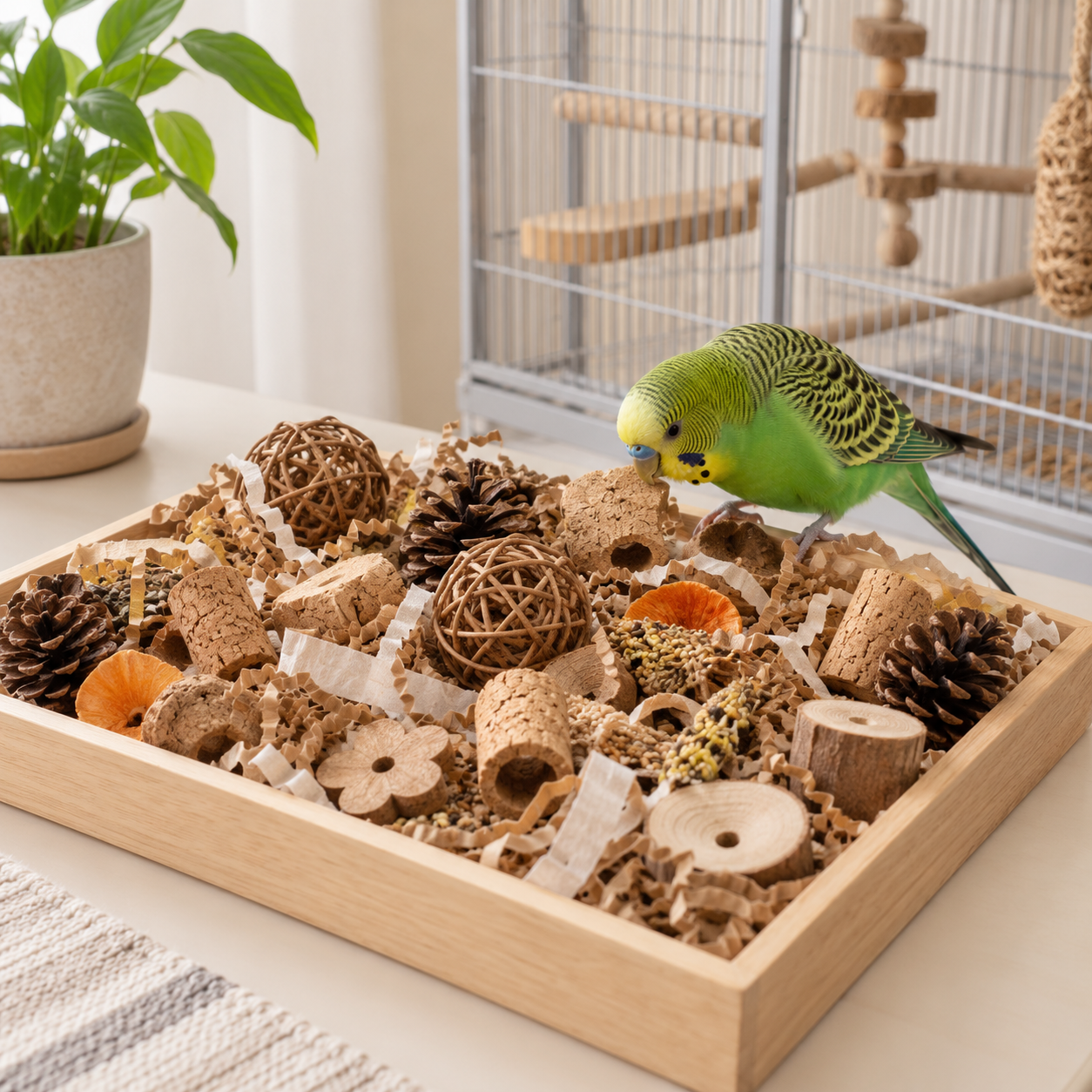 Budgie exploring a natural bird foraging box