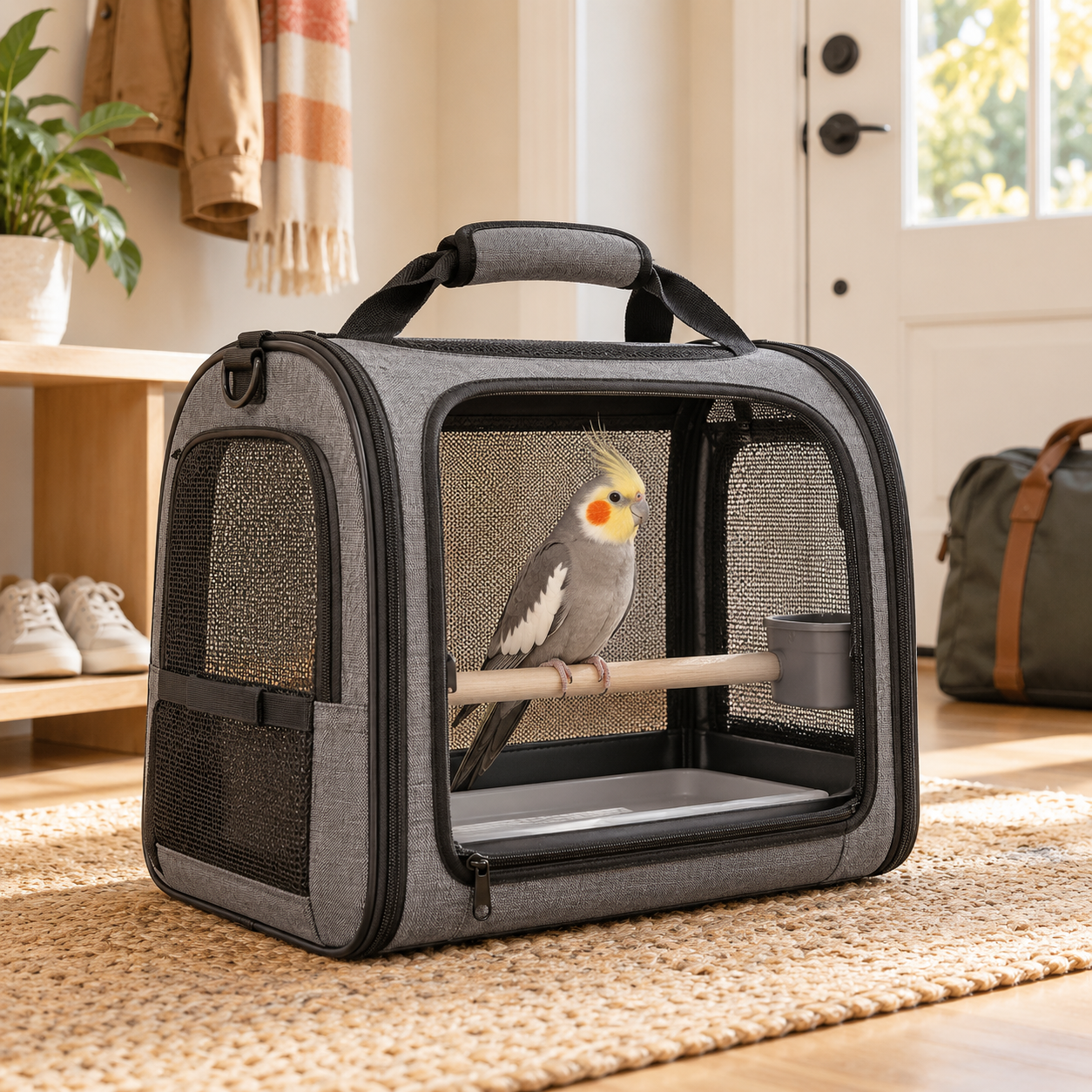 Cockatiel inside a ventilated gray bird travel carrier