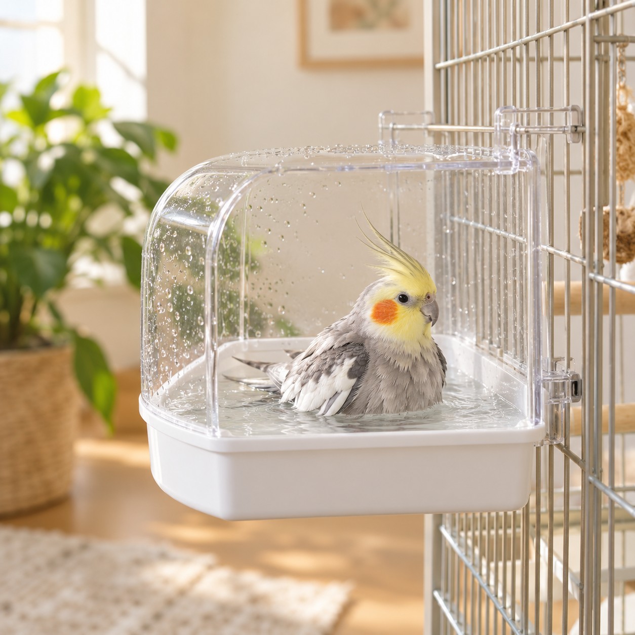 Cockatiel using a transparent hanging bird bath