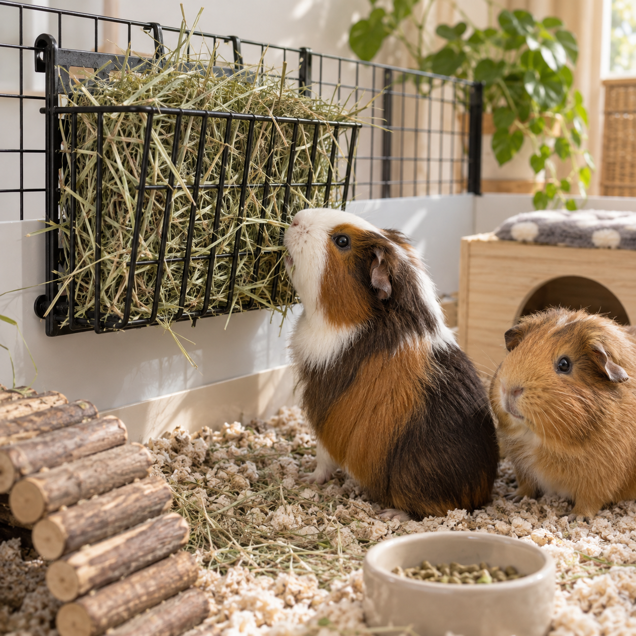 Guinea pigs eating from a sturdy metal hay feeder