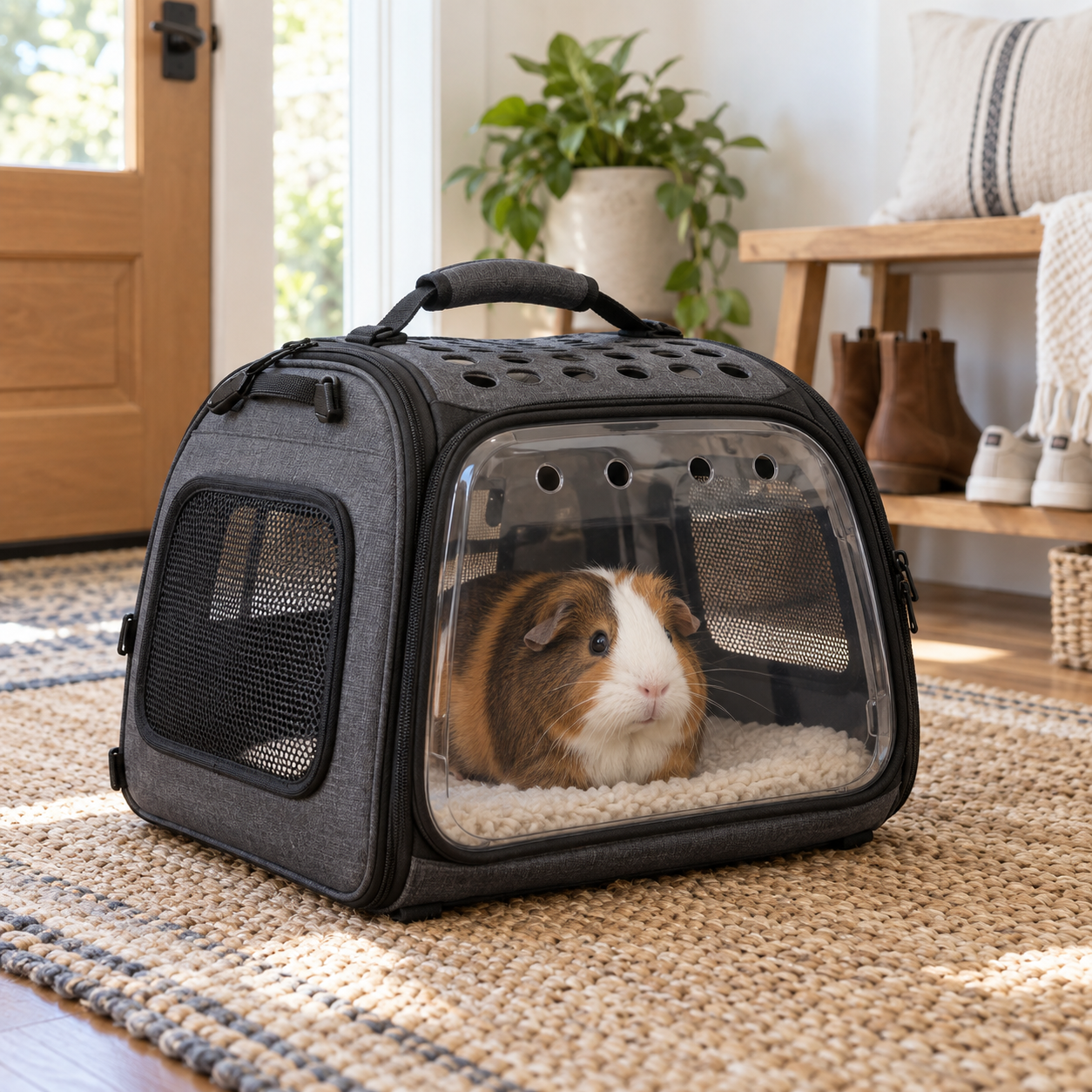 Guinea pig inside a ventilated small-animal carrier
