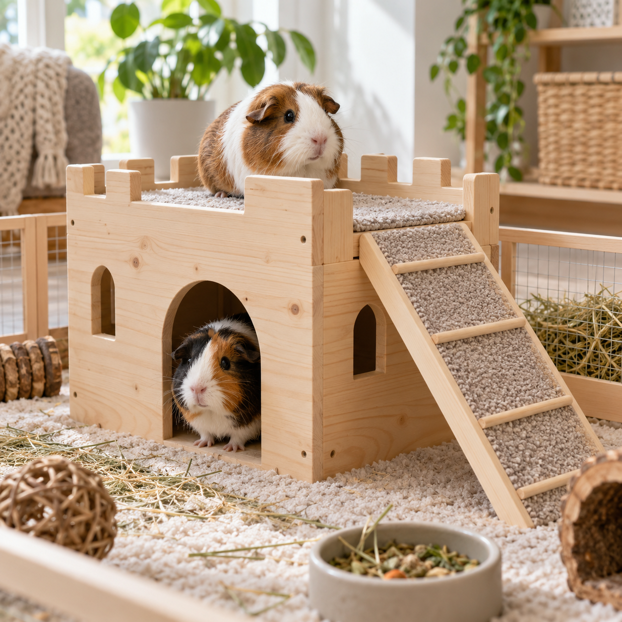Two guinea pigs using a wooden hideout castle with a ramp